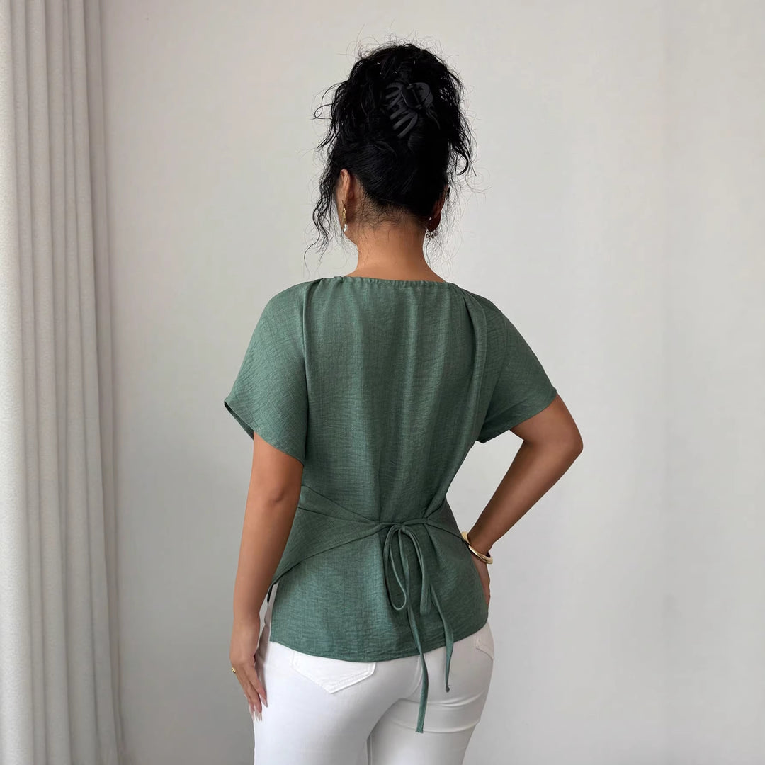 Damen Tailliertes Leinenoptik-Top mit Schlüsselöffnung, Perlen-Detail und Drapierung Echo Archiv