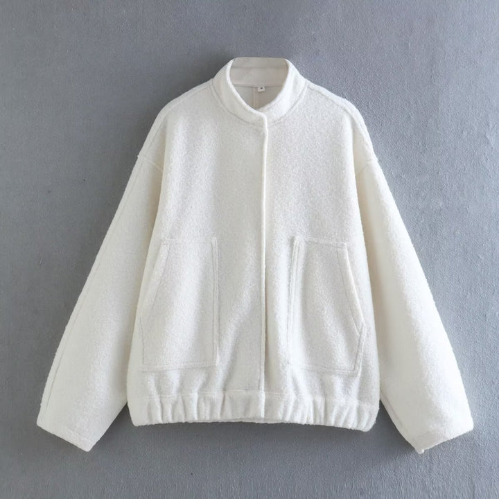 Damen boxy Wollmix-Blouson mit Stehkragen, verdeckter Frontleiste, Eingrifftaschen und elastischem Saum – Célinea