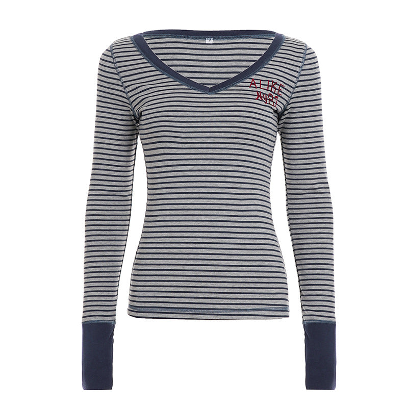 Damen nan gestreiftes V‑Ausschnitt Longsleeve mit taillierter Silhouette und verlängerten Bündchen Echo Archiv