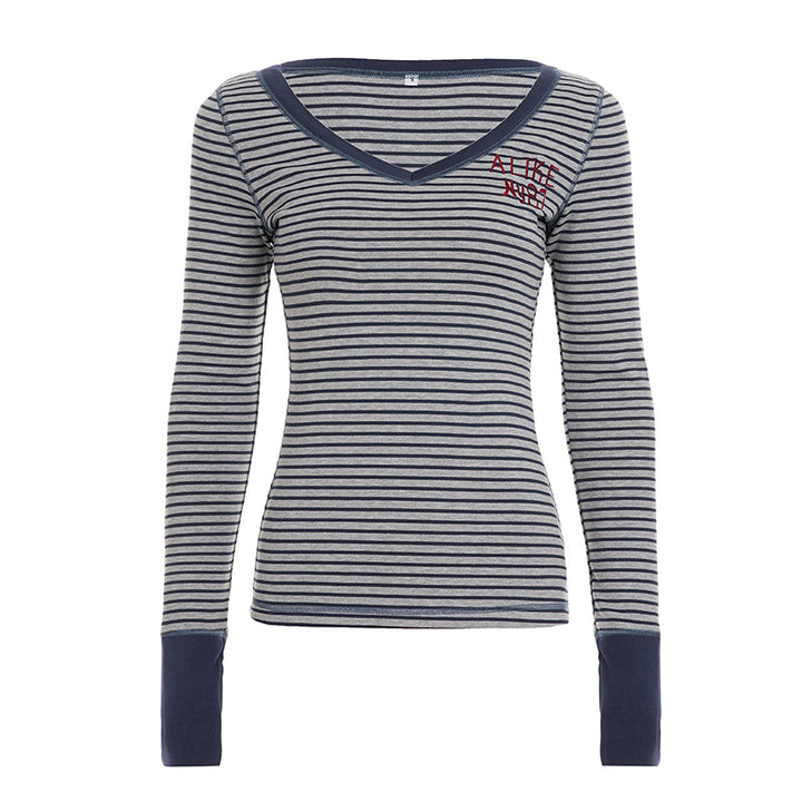 Damen nan gestreiftes V‑Ausschnitt Longsleeve mit taillierter Silhouette und verlängerten Bündchen Echo Archiv