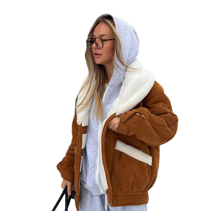 Damen Oversized Lammfellimitat Jacke mit großem Schalkragen Echoarchiv