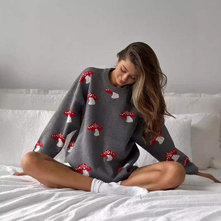 Damen weiter Strickpullover mit Pilzmotiv Rundhals Rippbündchen – Mavelle