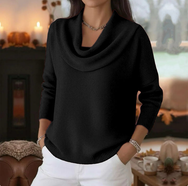Damen Lässiger Schalkragen-Feinstrickpullover mit überschnittener Schulter und geripptem Saum – Mavelle