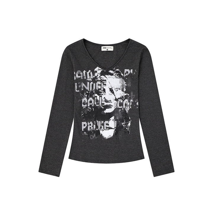 Damen Langarm-Shirt mit Vintage-Fotoprint und Rundhalsausschnitt Echoarchiv