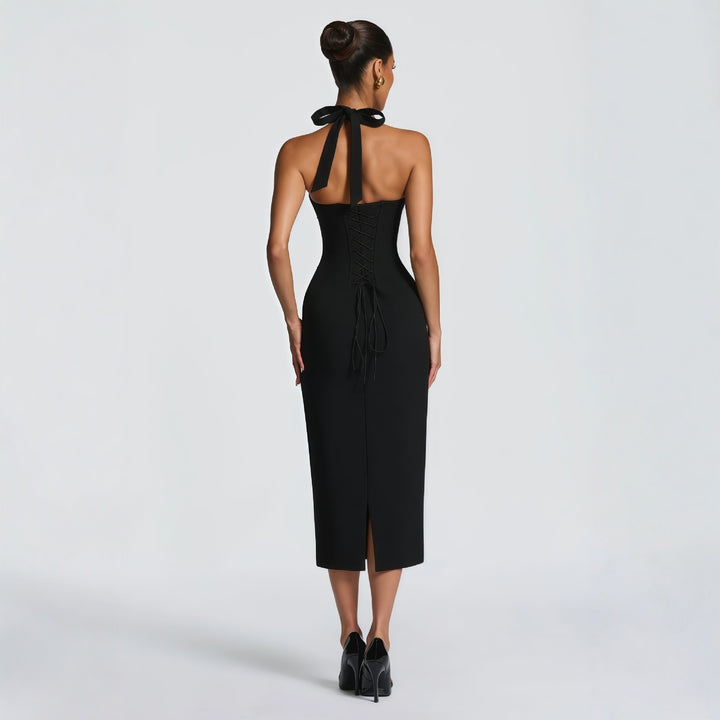 Damen Schickes körperbetontes Midikleid mit Halterneck und V-Ausschnitt Echo Archiv