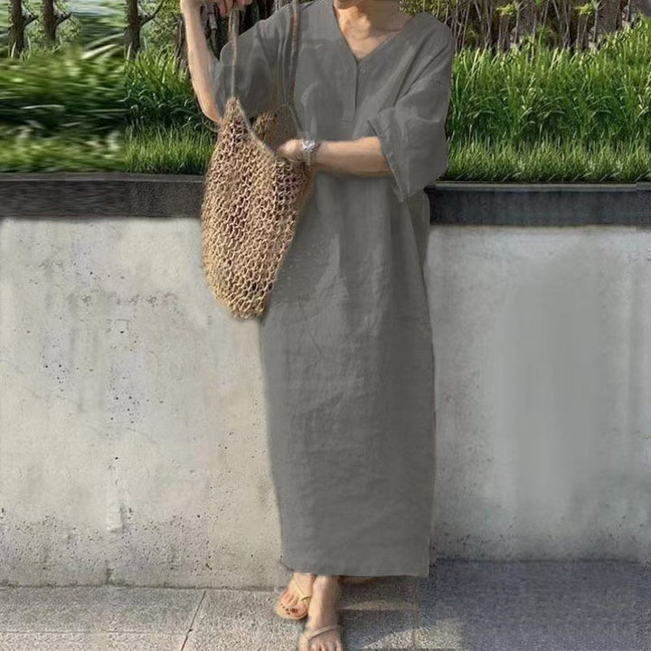 Damen lässiges Leinen-Midikleid mit V-Ausschnitt und weit geschnittenen Ärmeln Echo Archiv