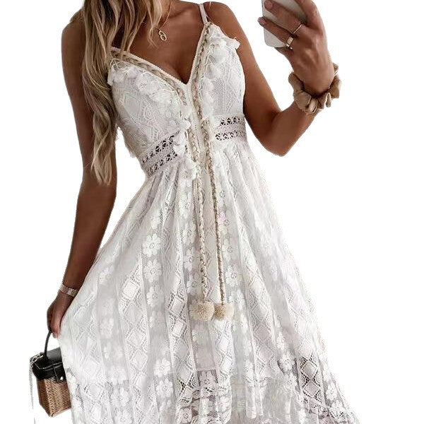 Damen Spitzen Maxi-Kleid mit zarten Häkel- und Rüschendetails Echo Archiv