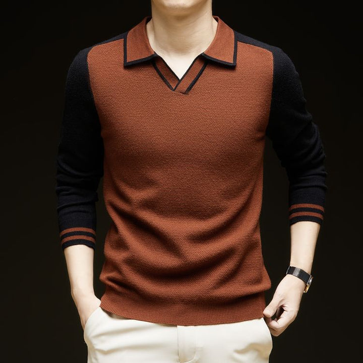 Herren Feinstrickpullover mit V-Ausschnitt und modischem Kontrastdesign Echoarchiv