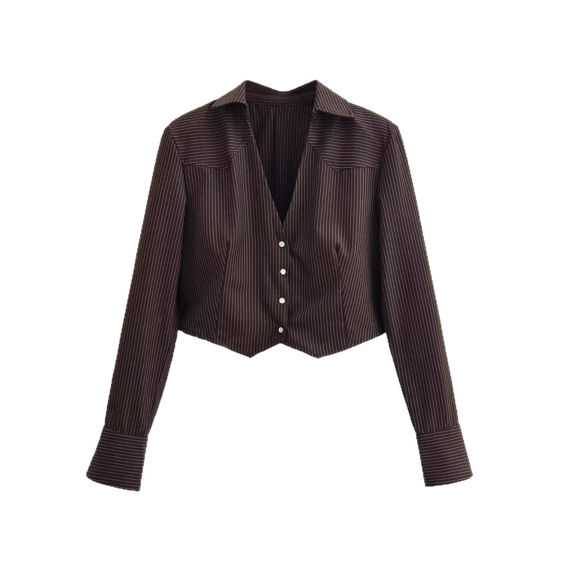 Damen Taillierte Cropped-Hemdbluse im Nadelstreifen mit tiefem V-Ausschnitt Echoarchiv