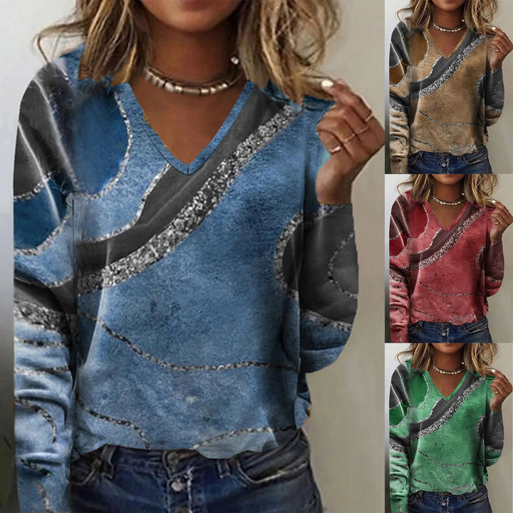 Damen V-Ausschnitt Langarmshirt mit modernem Wellendesign – Avérine