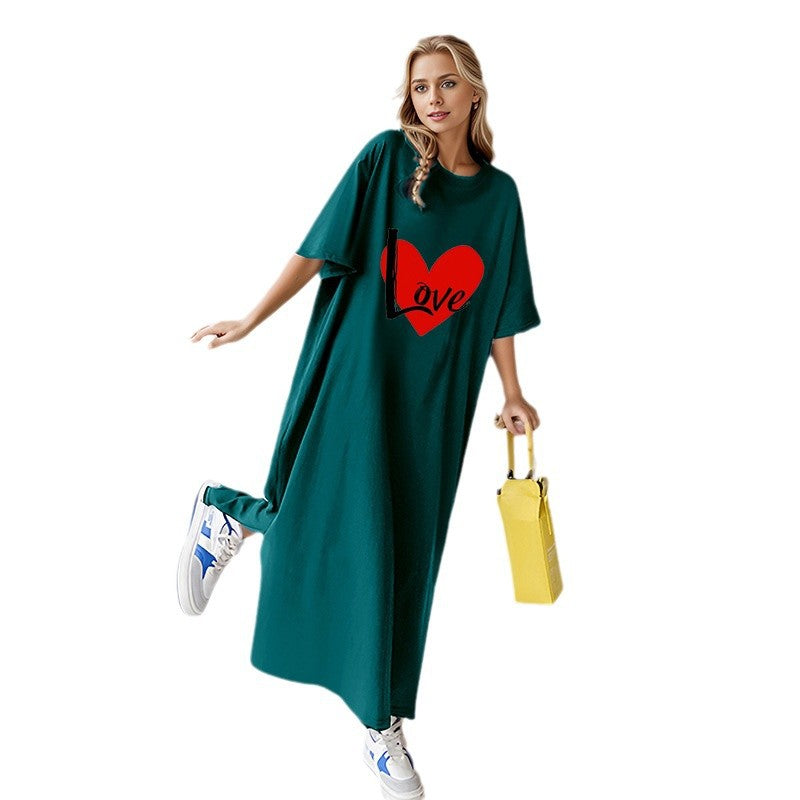 Damen locker geschnittenes Maxikleid mit großem Herzgrafikprint und Rundhalsausschnitt – Valéora