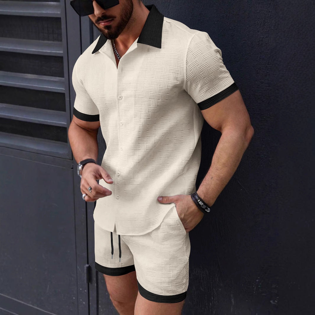 Herren modisches Kurzarm-Hemd mit strukturiertem Design und passenden Shorts Echoarchiv