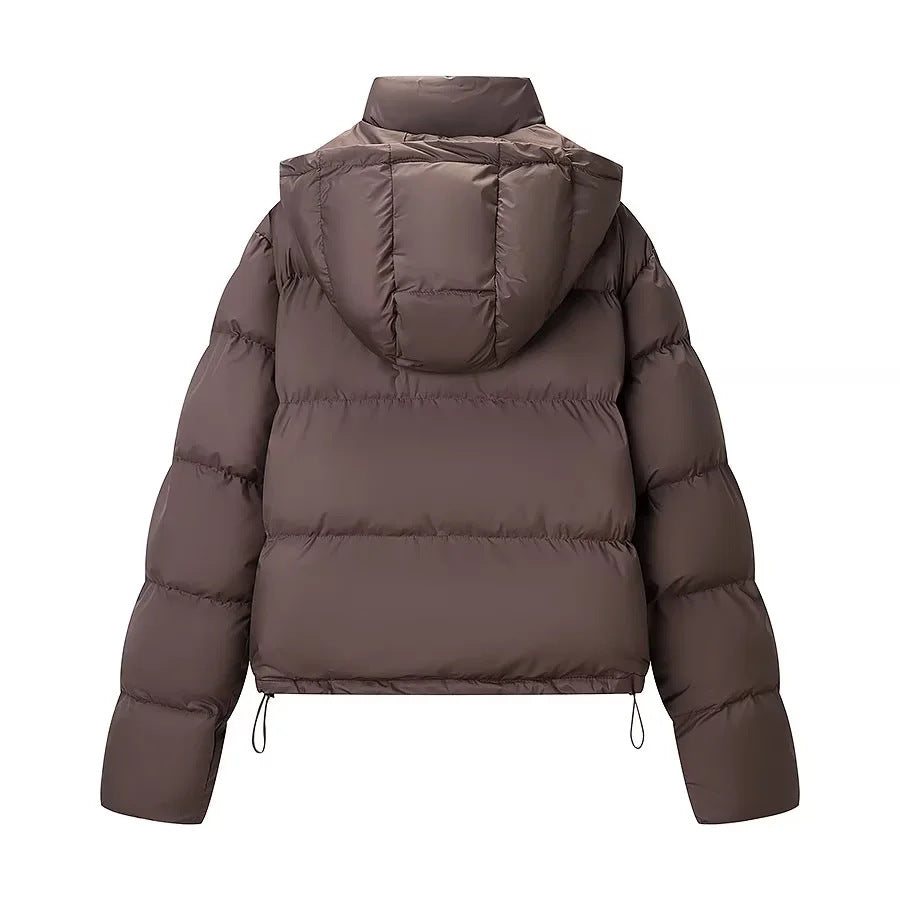 Damen kurzer gesteppter Pufferjacke mit abnehmbarer Kapuze und Tunnelzugsaum – Célinea