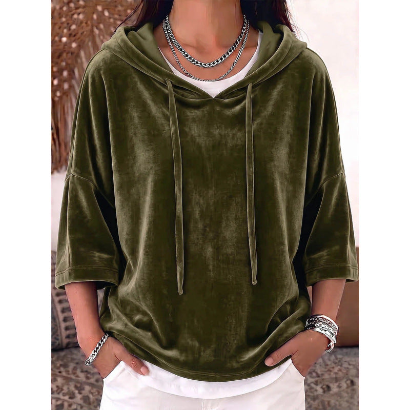 Damen Oversize Samt-Halbarm-Hoodie mit Kordelzug und Taschen Echoarchiv