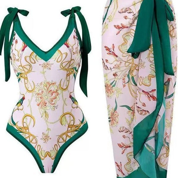 Damen Badeanzug mit floralem Design und transparentem Wickelrock Echo Archiv