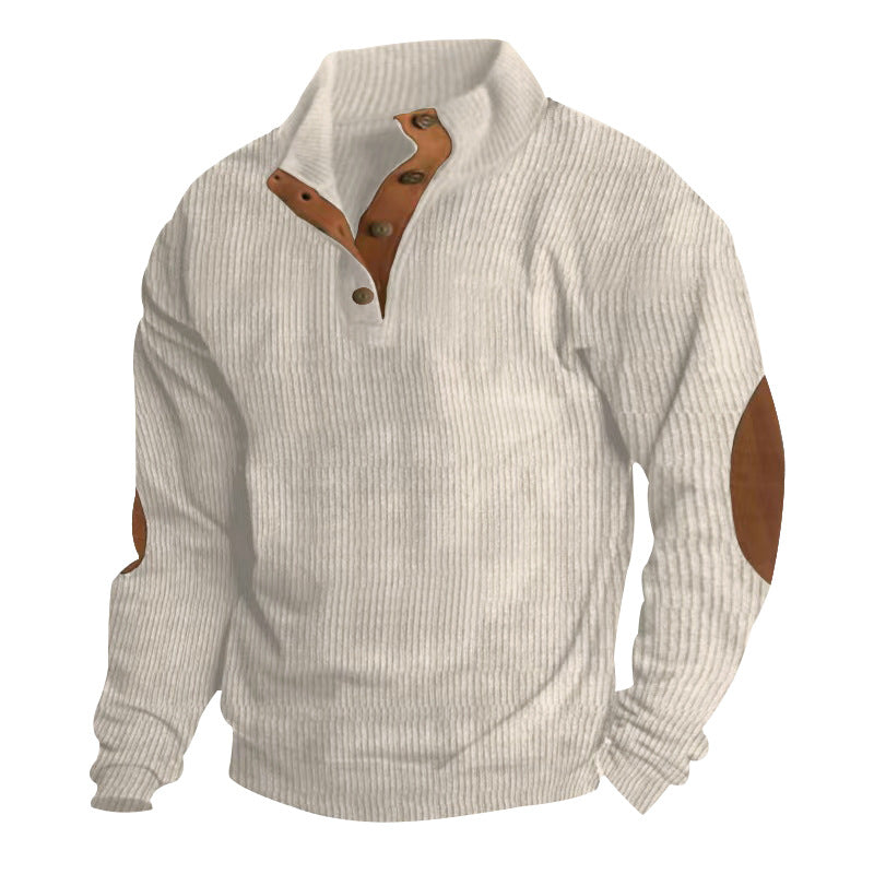 Herren nan gerippter Baumwollmix-Pullover mit Stehkragen, Knopfleiste und Lederoptik-Ellenbogenpatches Echo Archiv