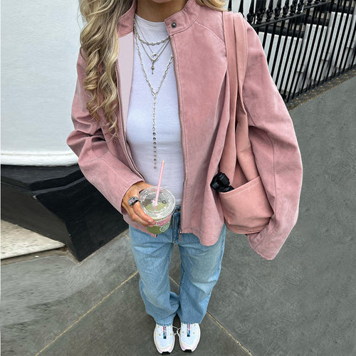 Damen Oversized Canvas-Übergangsjacke mit Stehkragen, Reißverschluss und großen aufgesetzten Taschen – Avérine