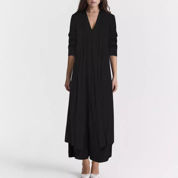 Damen Langer Offener Jersey-Cardigan mit Eingrifftaschen und fließender Drapierung – Veloura