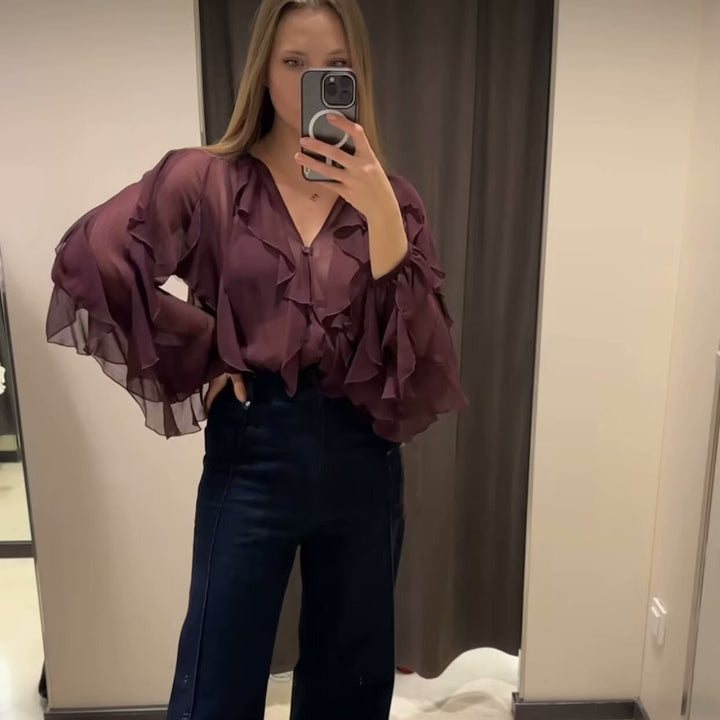 Damen transparente Chiffonbluse mit mehrlagigen Volants, weiten Ballonärmeln und durchgehender Knopfleiste – Élovi