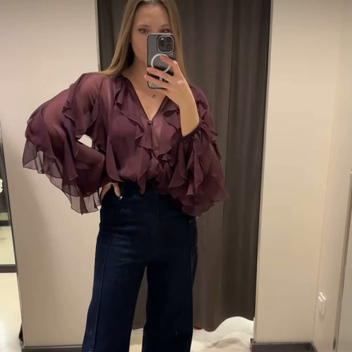 Damen transparente Chiffonbluse mit mehrlagigen Volants, weiten Ballonärmeln und durchgehender Knopfleiste – Élovi