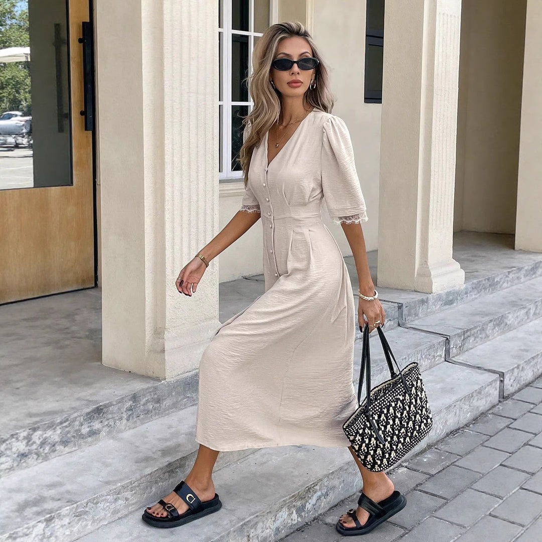 Damen Midi-Kleid mit Knopfdetails und femininen Puffärmeln Echo Archiv