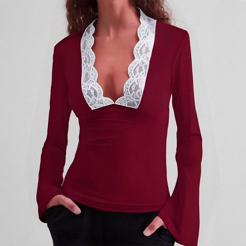 Damen Elegantes Langarm-Top mit Spitzenkragen Echo Archiv