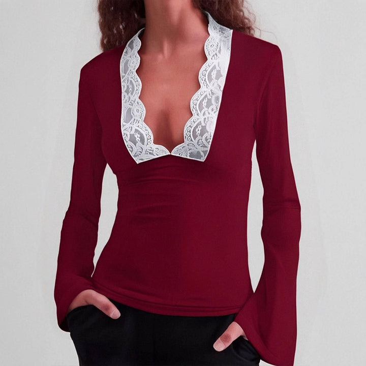 Damen Elegantes Langarm-Top mit Spitzenkragen Echo Archiv