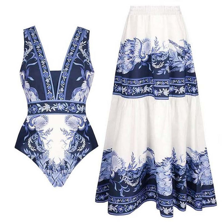 Damen Einteiler Badeanzug mit floralem Design und V-Ausschnitt Echo Archiv