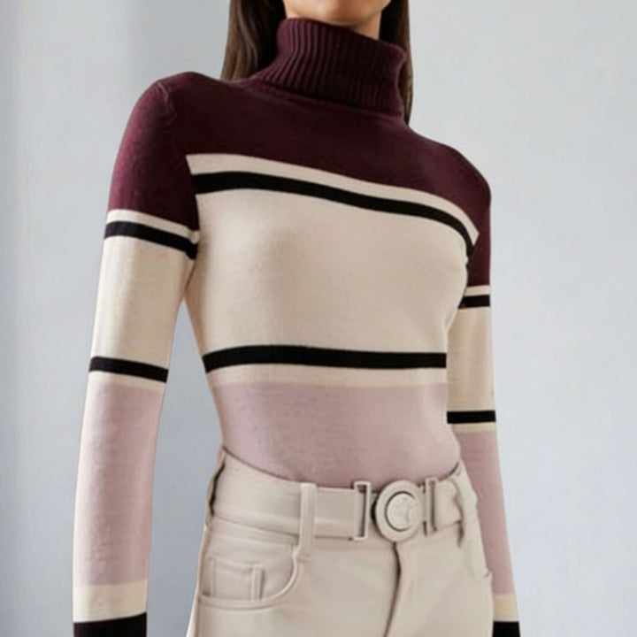 Damen langes Rollkragen Strickkleid mit Sternmotiv, Blockstreifen und elastischem Rippbündchen – Mavelle