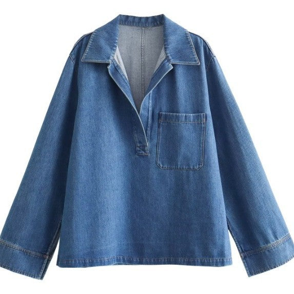 Damen 200+ Oversize Denim‑Hemdbluse mit V‑Ausschnitt und Brusttasche Echo Archiv