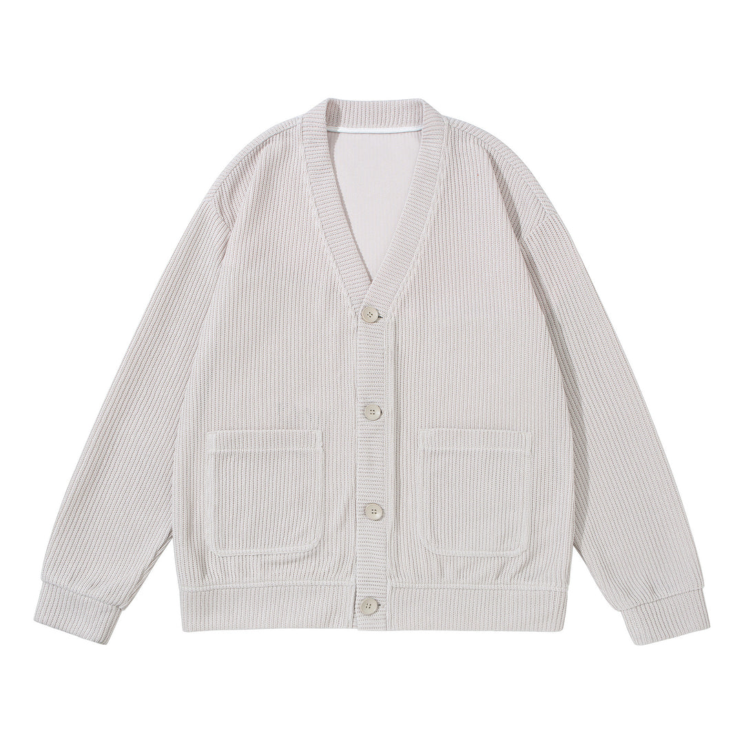 Unisex Strukturiertes Knopf-Cardigan mit V-Ausschnitt und aufgesetzten Taschen Echoarchiv