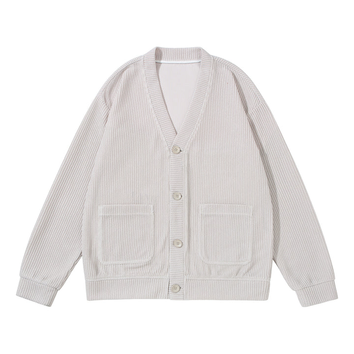 Unisex Strukturiertes Knopf-Cardigan mit V-Ausschnitt und aufgesetzten Taschen Echoarchiv