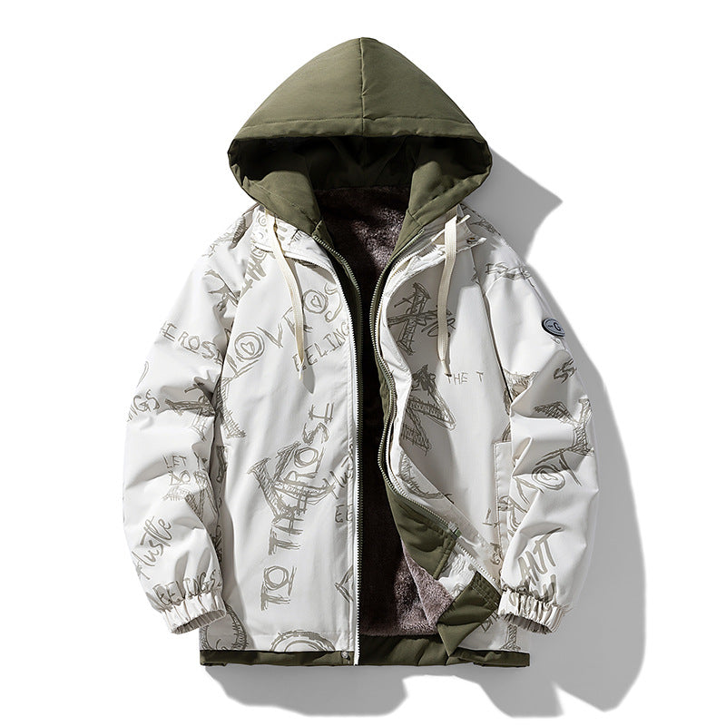 Herren Zweilagige Kapuzenjacke mit Fleece-Innenfutter und Allover-Sketch-Print – Taviero