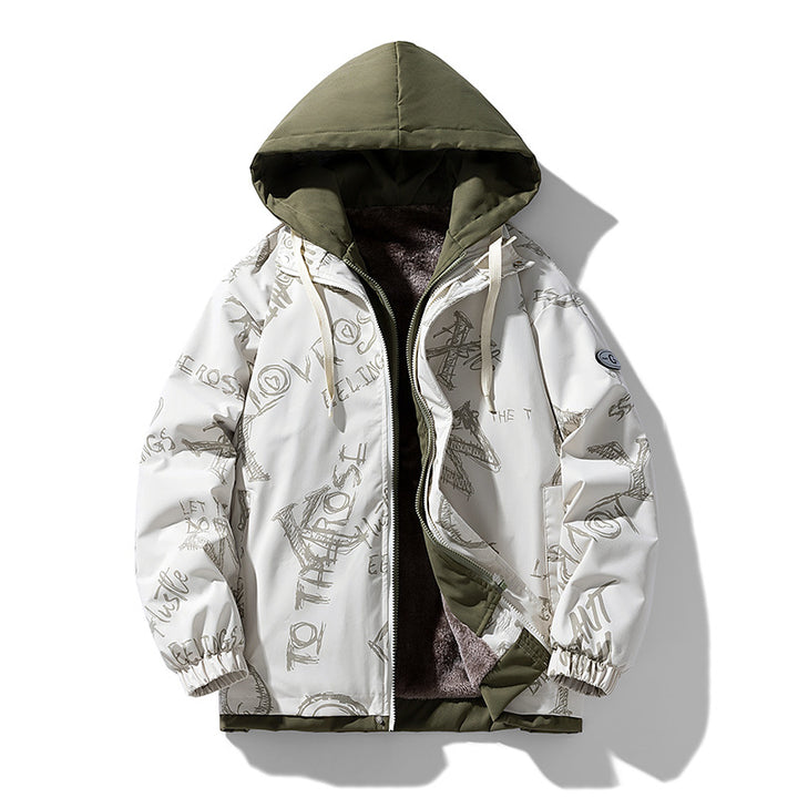Herren Zweilagige Kapuzenjacke mit Fleece-Innenfutter und Allover-Sketch-Print – Taviero