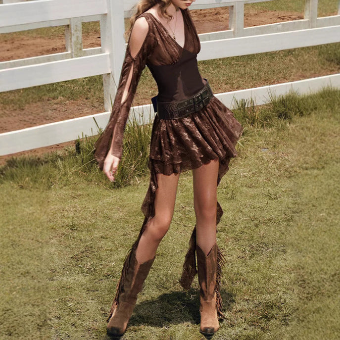 Damen elegantes Wickelkleid mit transparenten Spitzenärmel Echo Archiv