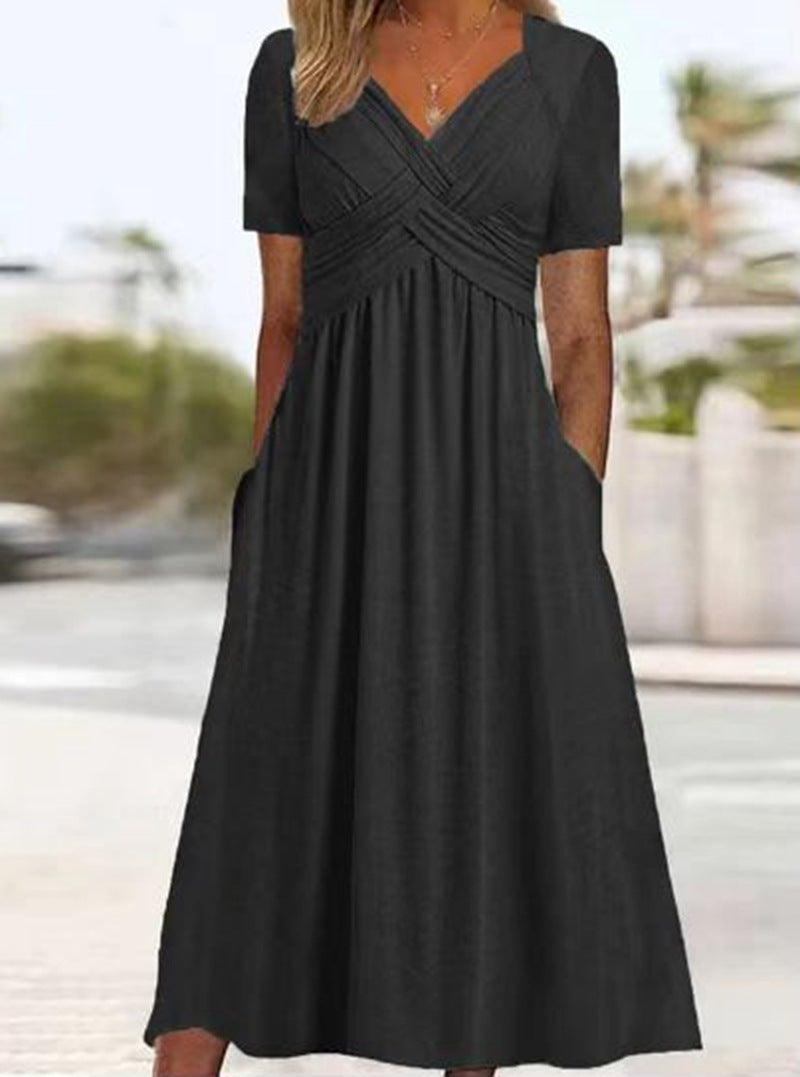Damen nan fließendes Maxikleid mit gekreuzter Passe V-Ausschnitt Kurzarm und Eingrifftaschen Echo Archiv