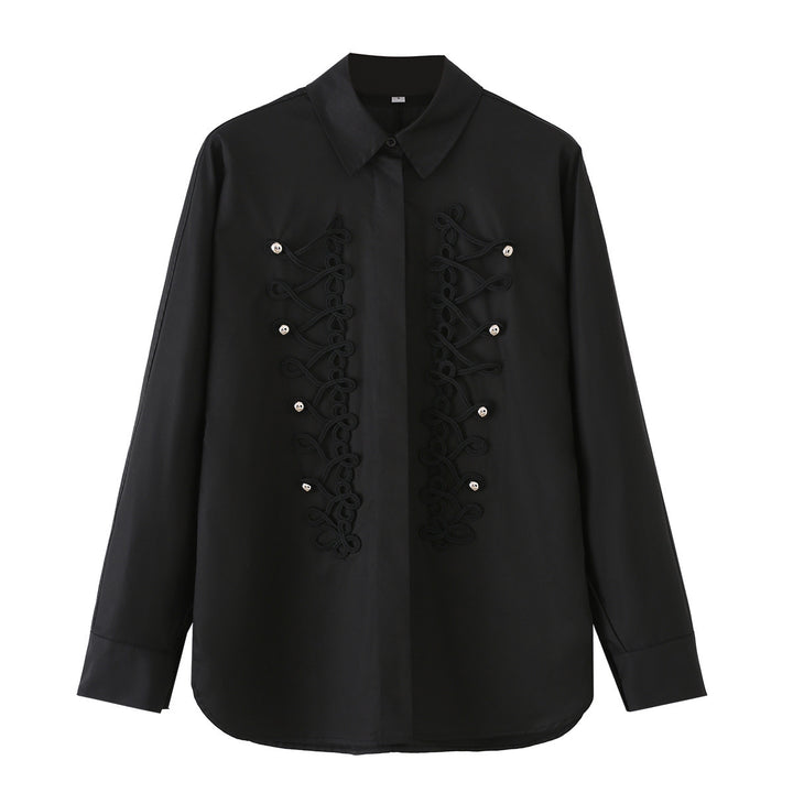 Damen Langärmlige Oversize-Bluse mit verdeckter Knopfleiste und dekorativen Kordelapplikationen Echo Archiv