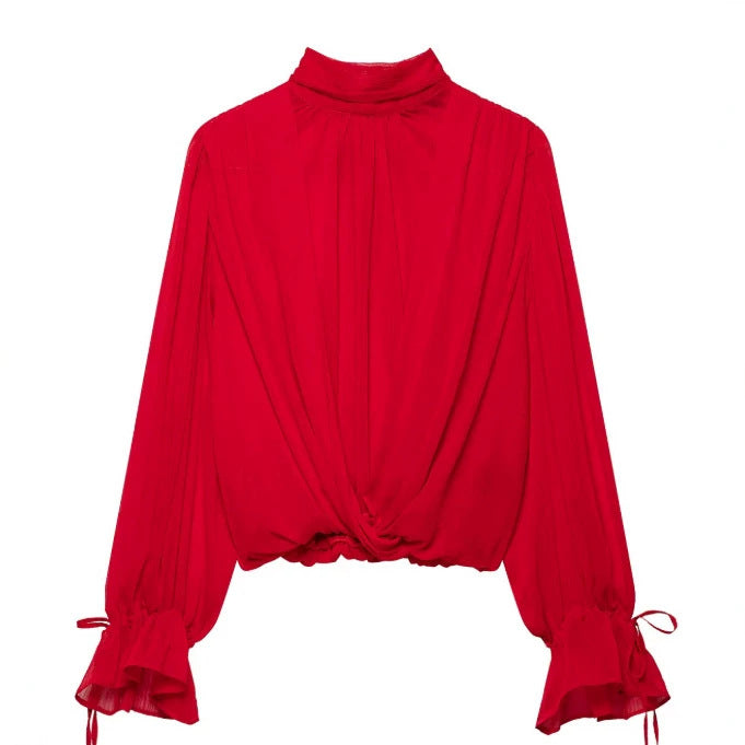 Damen Elegante Chiffon‑Schluppenbluse mit Ballonärmeln und gerafftem Saum Echo Archiv