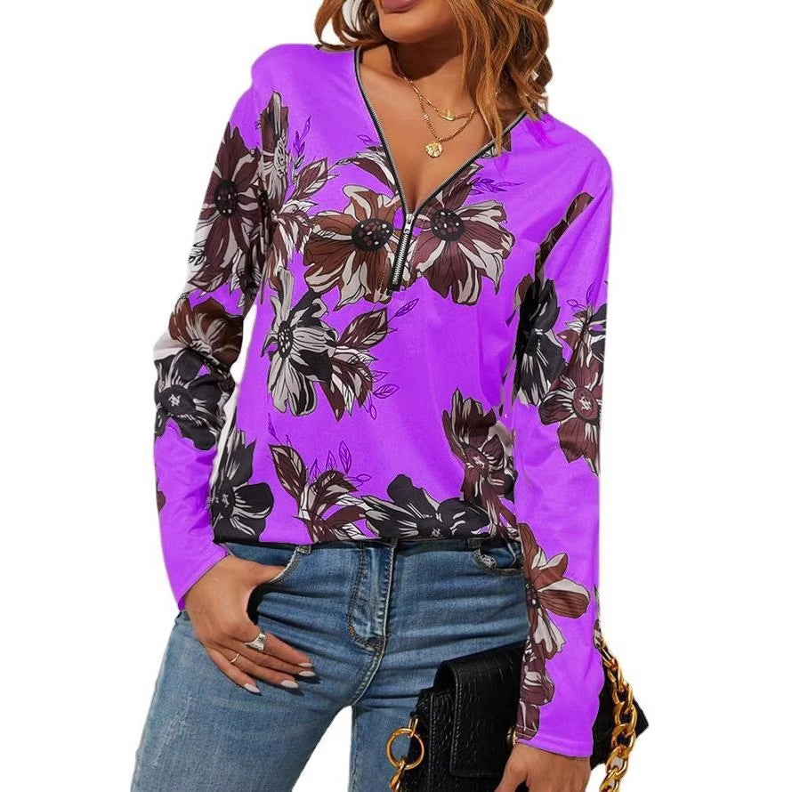 Damen Langarmshirt mit Reißverschluss V-Ausschnitt und großem Blumenmuster – Avérine
