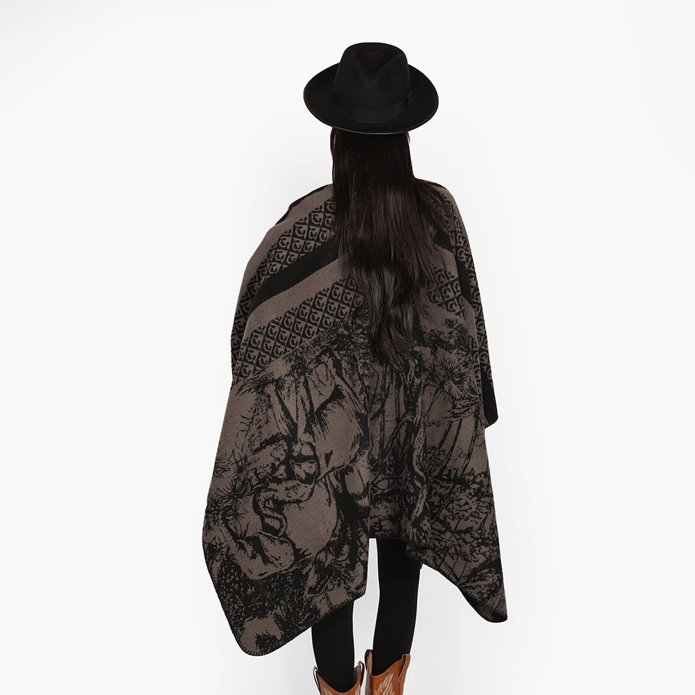 Damen Jacquard-Strickcape mit Stehkragen und grafischem Waldmotiv – Avérine