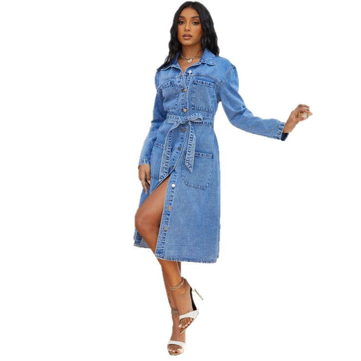 Damen Midikleid aus Denim mit Taillengürtel und durchgehender Knopfleiste Echo Archiv