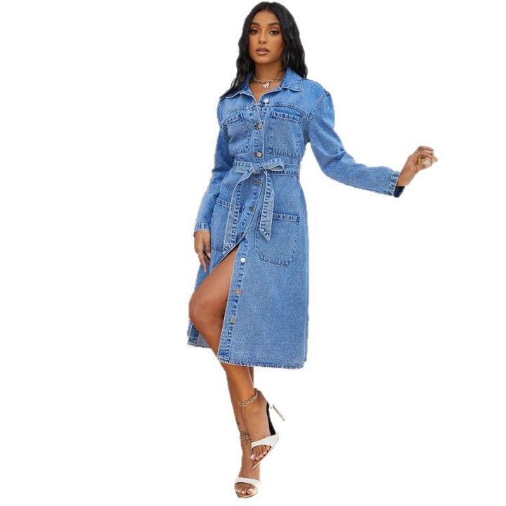 Damen Midikleid aus Denim mit Taillengürtel und durchgehender Knopfleiste Echo Archiv