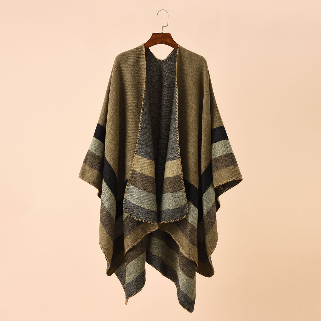 Damen Offener Strick‑Cape‑Poncho mit kontrastierenden Blockstreifen und Zierstich – Avérine