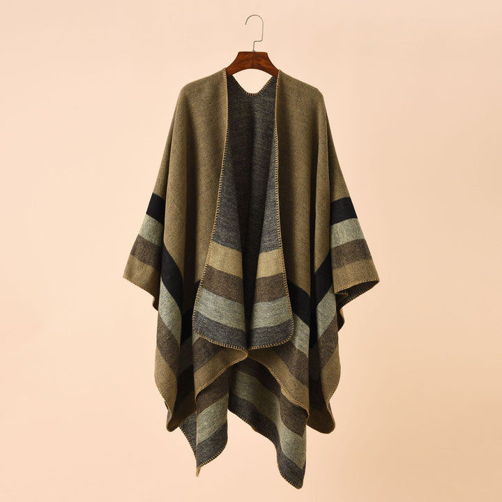 Damen Offener Strick‑Cape‑Poncho mit kontrastierenden Blockstreifen und Zierstich – Avérine