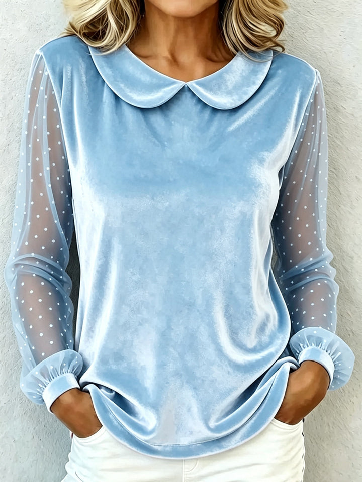 Damen Kuschelige Samtbluse mit Peter-Pan-Kragen und gepunkteten Mesh-Ärmeln – Élovi