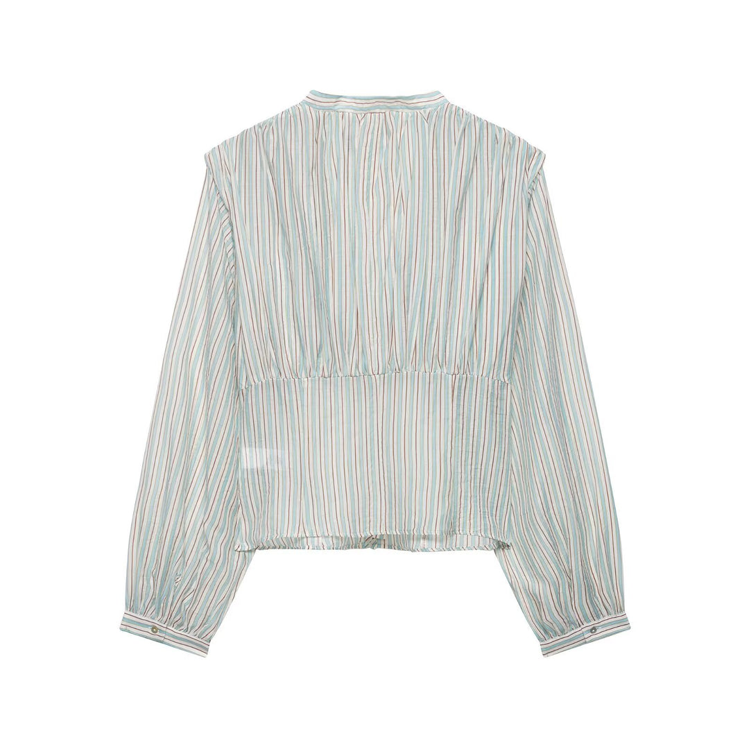 Damen Gestreifte Cropped-Bluse mit tiefem V-Ausschnitt und geraffter Unterbrustnaht Echo Archiv