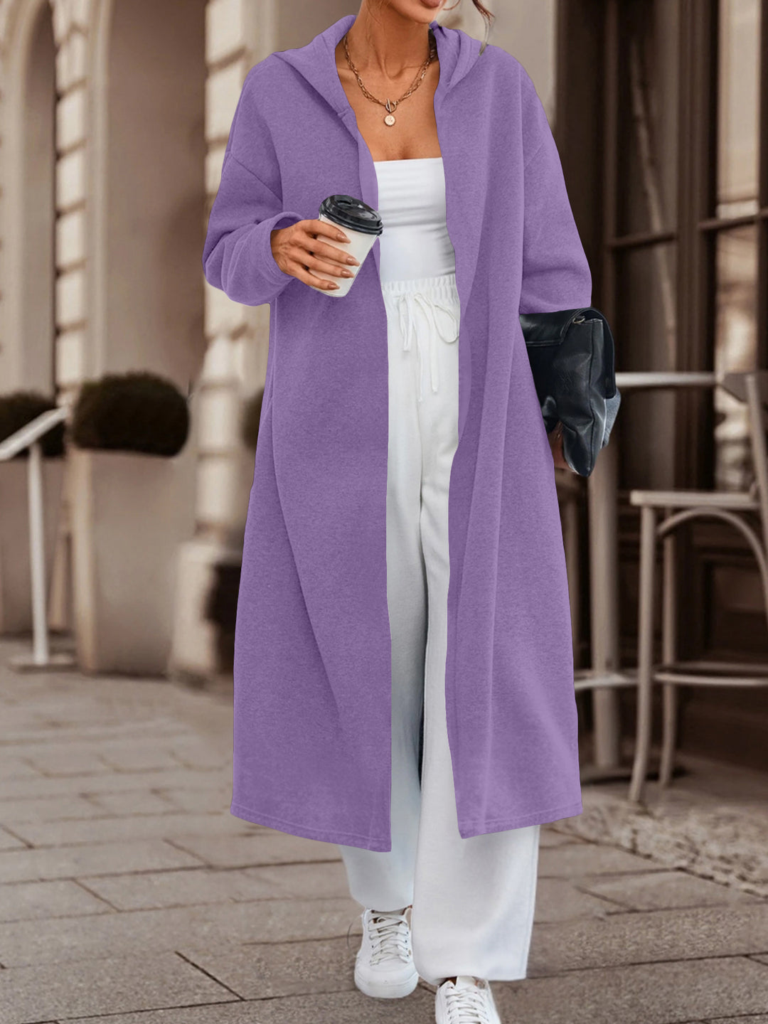 Damen Langer Oversize Kapuzenmantel mit offener Front und weichem Fleece – Célinea