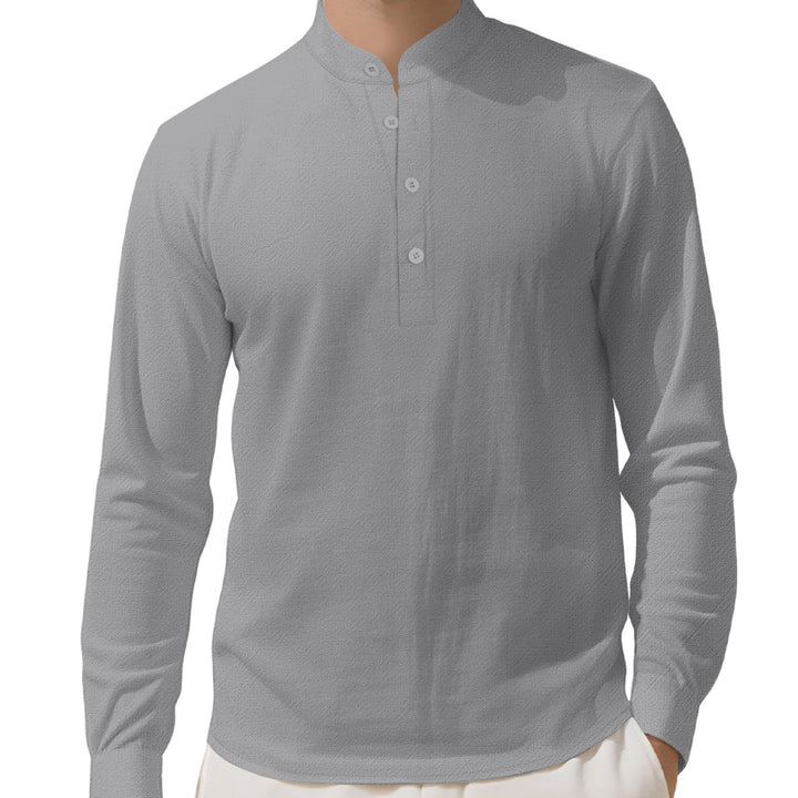 Herren nan Nehru-Kragen-Henley aus Baumwollstretch mit verdeckter Knopfleiste und schmaler Passform Echo Archiv