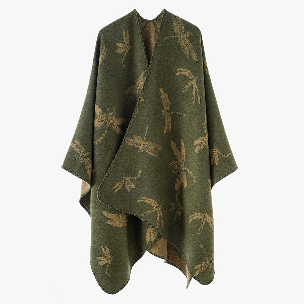 Damen Reversibler Cape-Poncho mit Libellen-Jacquard und feinem Saum – Célinea