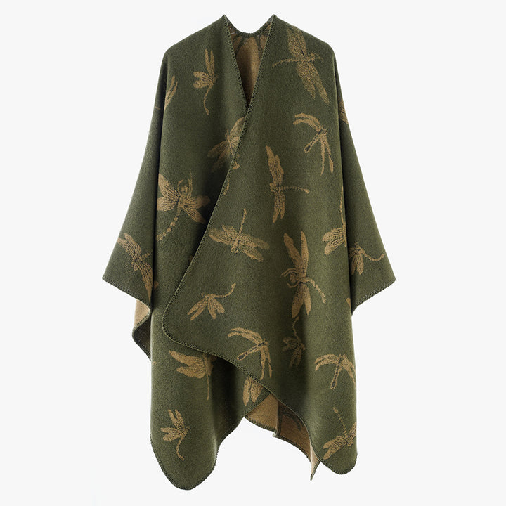 Damen Reversibler Cape-Poncho mit Libellen-Jacquard und feinem Saum – Célinea